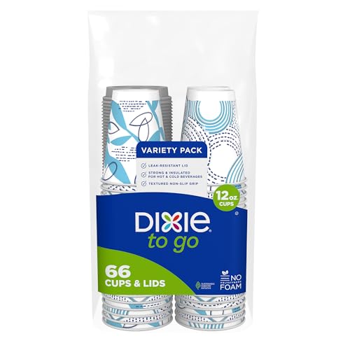 Dixie To Go Paper Coffee Cups With Lids, 12 oz, 156 Count (6 packs of 26 cups), Disposable Insulated Paper Cups for On-The-Go Hot or Cold Beverages
