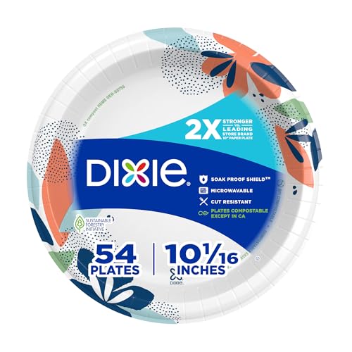 Dixie Large Paper Plates, 10 Inch, 54 Count, 2X Stronger*, Microwave-Safe, Soak-Proof, Cut Resistant, Disposable Plates For Everyday Breakfast