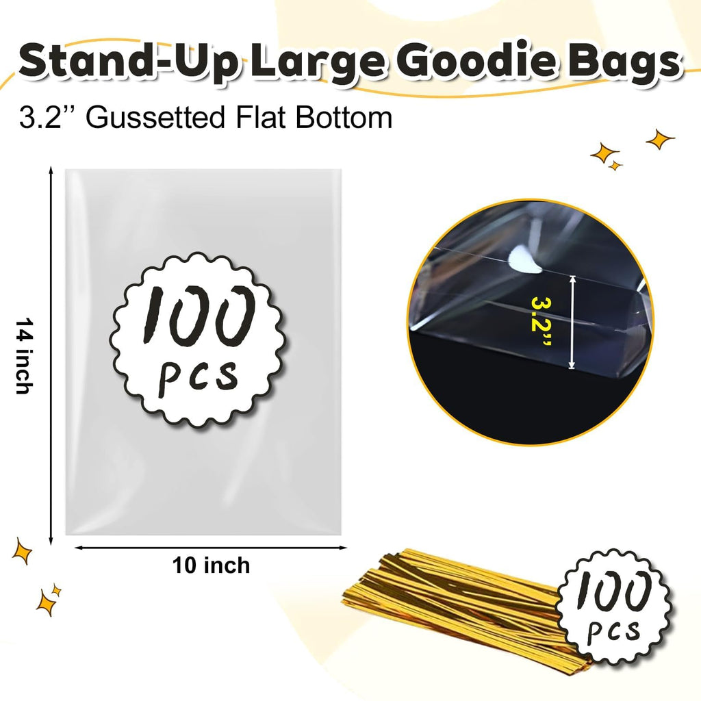 Clear Stand-Up Cellophane Gift Bags with Ties for Party Favors