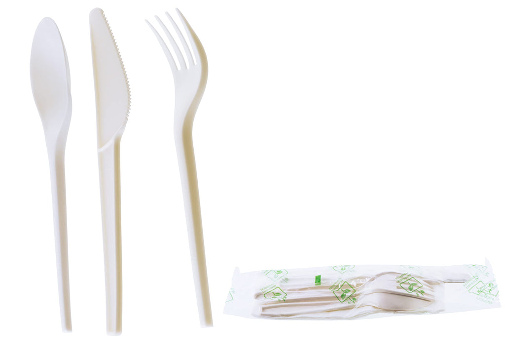 (750 Pack) Compostable Cutlery Kit Eco Friendly Fork, Spoon, Knife, Napkin 6.5 inch - CPLA Heat Resistant Disposable Utensil Kit Durable Cornstarch Bio Based Biodegradable Plastic Cutlery