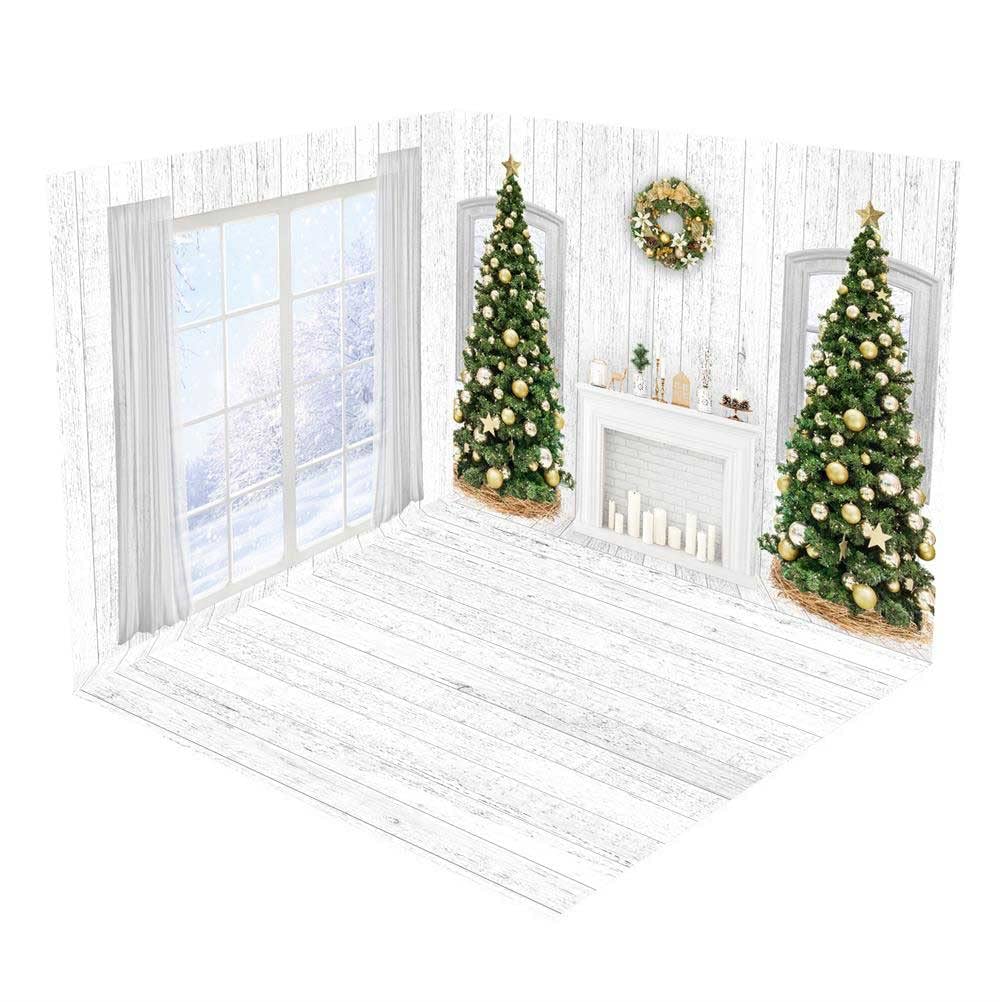 Christmas Tree, Fireplace & Snow Scene Photo Backdrop