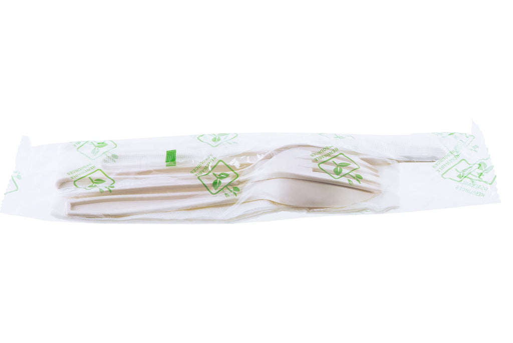 (750 Pack) Compostable Cutlery Kit Eco Friendly Fork, Spoon, Knife, Napkin 6.5 inch - CPLA Heat Resistant Disposable Utensil Kit Durable Cornstarch Bio Based Biodegradable Plastic Cutlery