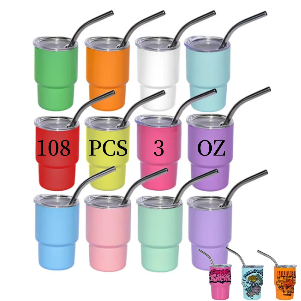 AGH 108pcs 3oz Mini Tumbler Sublimation Shot Glass with Lid & Straw,12 Colors Stainless Steel Tumblers Set Sublimation Mini Cups for Wedding Birthday Party for Cocktail Whiskey