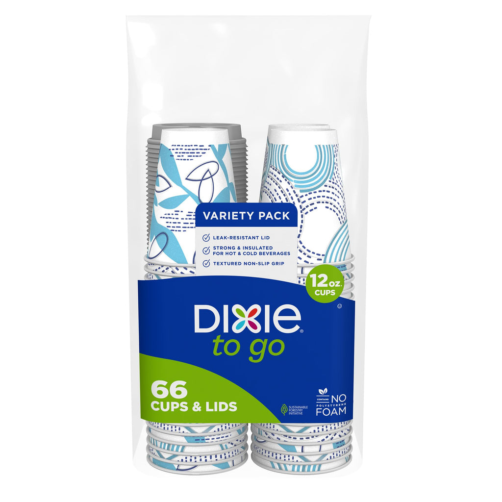Dixie To Go Paper Coffee Cups With Lids, 12 oz, 156 Count (6 packs of 26 cups), Disposable Insulated Paper Cups for On-The-Go Hot or Cold Beverages