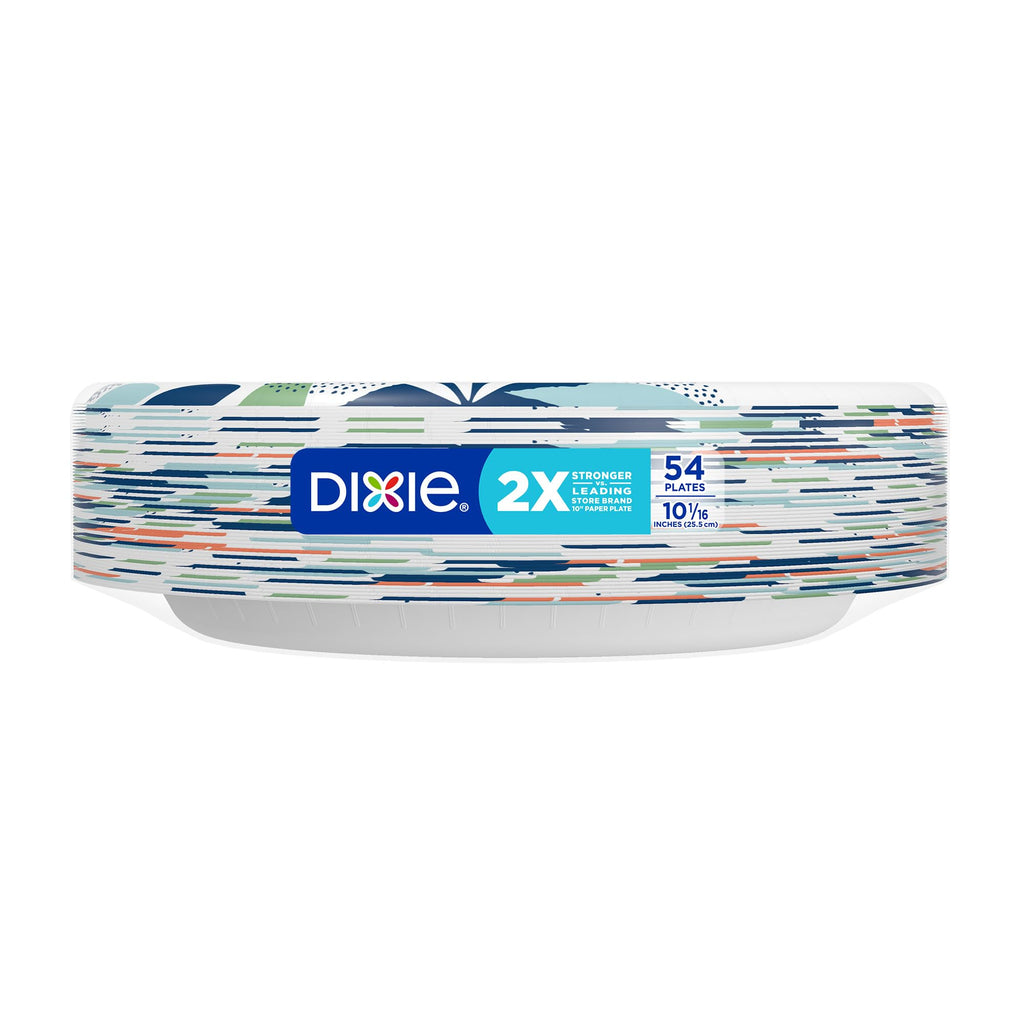 Dixie Large Paper Plates, 10 Inch, 54 Count, 2X Stronger*, Microwave-Safe, Soak-Proof, Cut Resistant, Disposable Plates For Everyday Breakfast