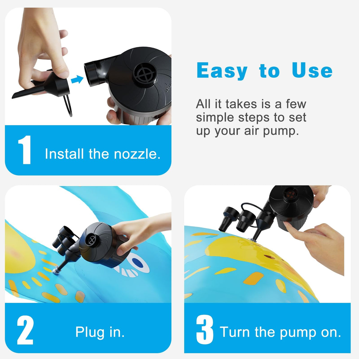 Portable Quick-Fill Air Pump with 3 Nozzles for Inflatables
