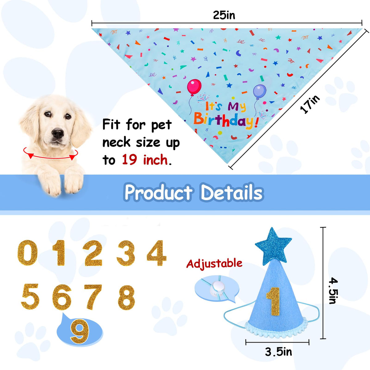 Dog Birthday Bandana & Party Hat Set with Number Charms