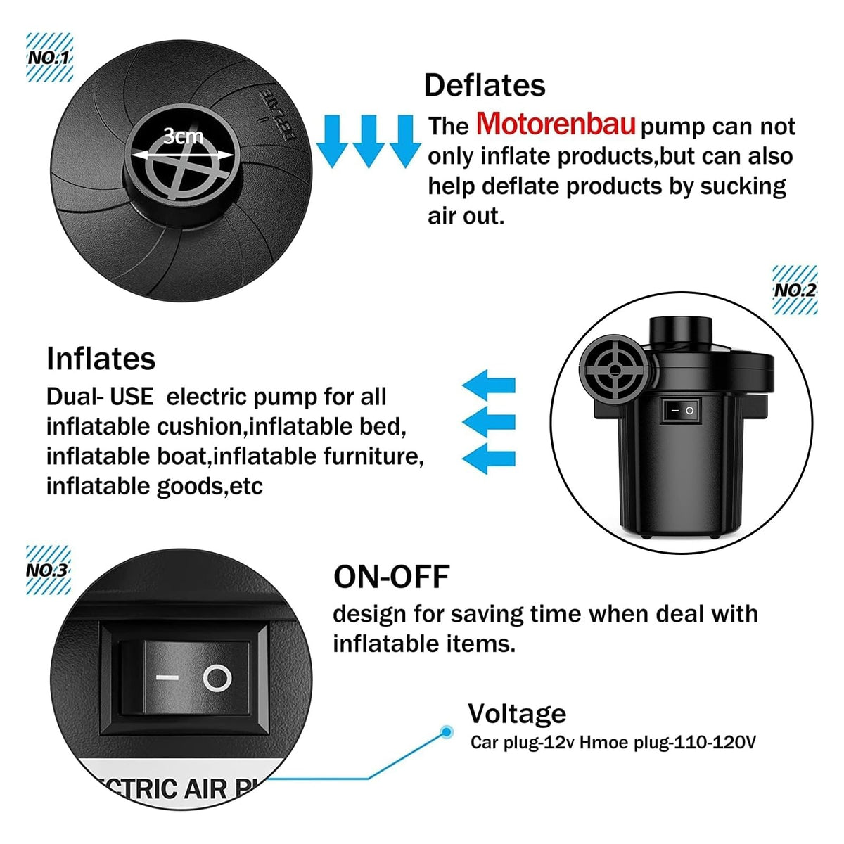 Portable Quick-Fill Air Pump with 3 Nozzles for Inflatables