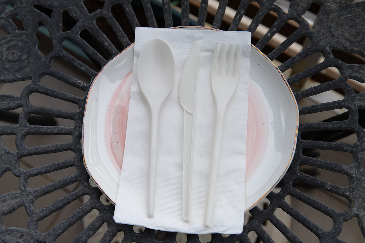 (750 Pack) Compostable Cutlery Kit Eco Friendly Fork, Spoon, Knife, Napkin 6.5 inch - CPLA Heat Resistant Disposable Utensil Kit Durable Cornstarch Bio Based Biodegradable Plastic Cutlery