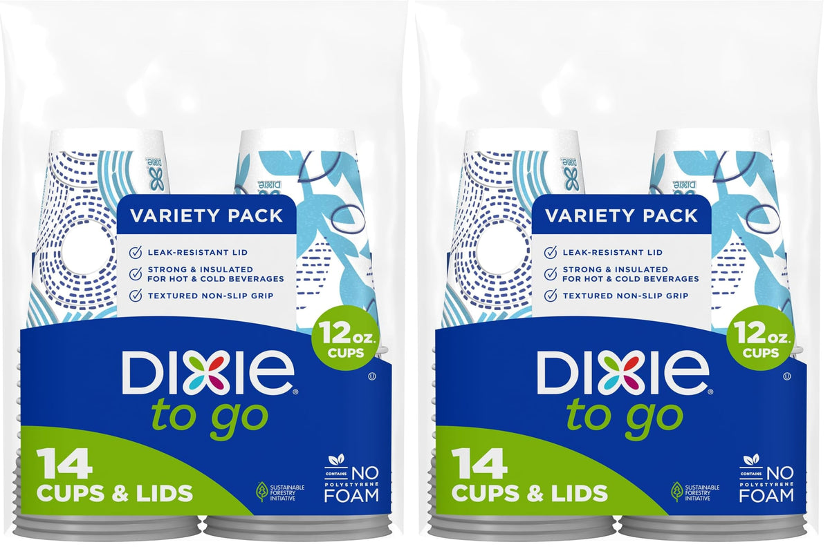 Dixie To Go Paper Coffee Cups With Lids, 12 oz, 156 Count (6 packs of 26 cups), Disposable Insulated Paper Cups for On-The-Go Hot or Cold Beverages