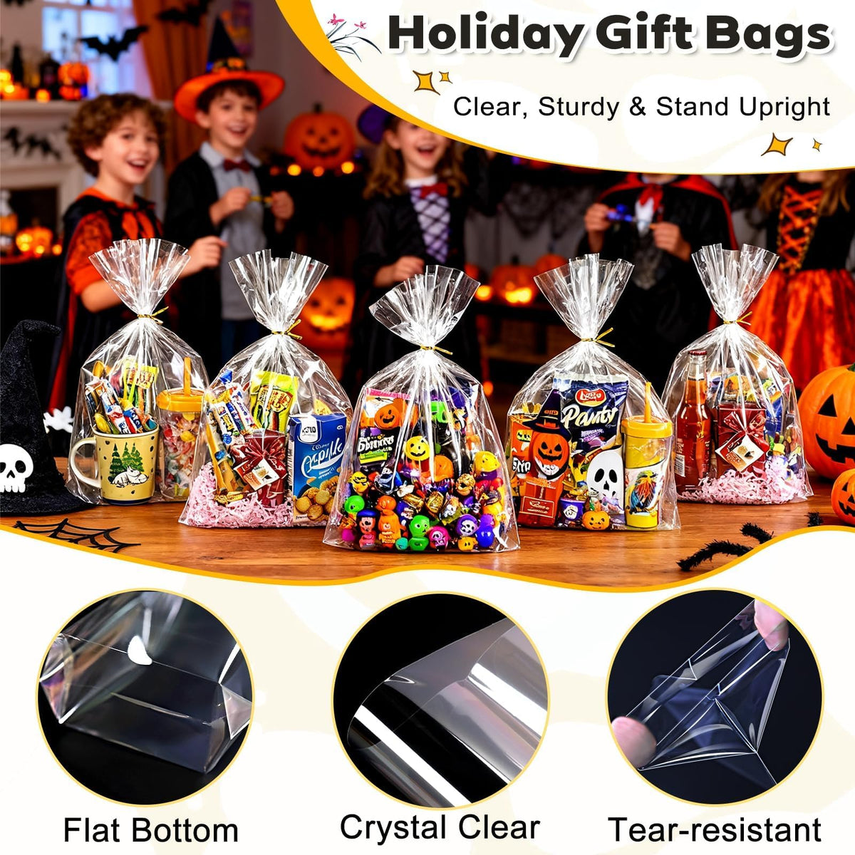 Clear Stand-Up Cellophane Gift Bags with Ties for Party Favors