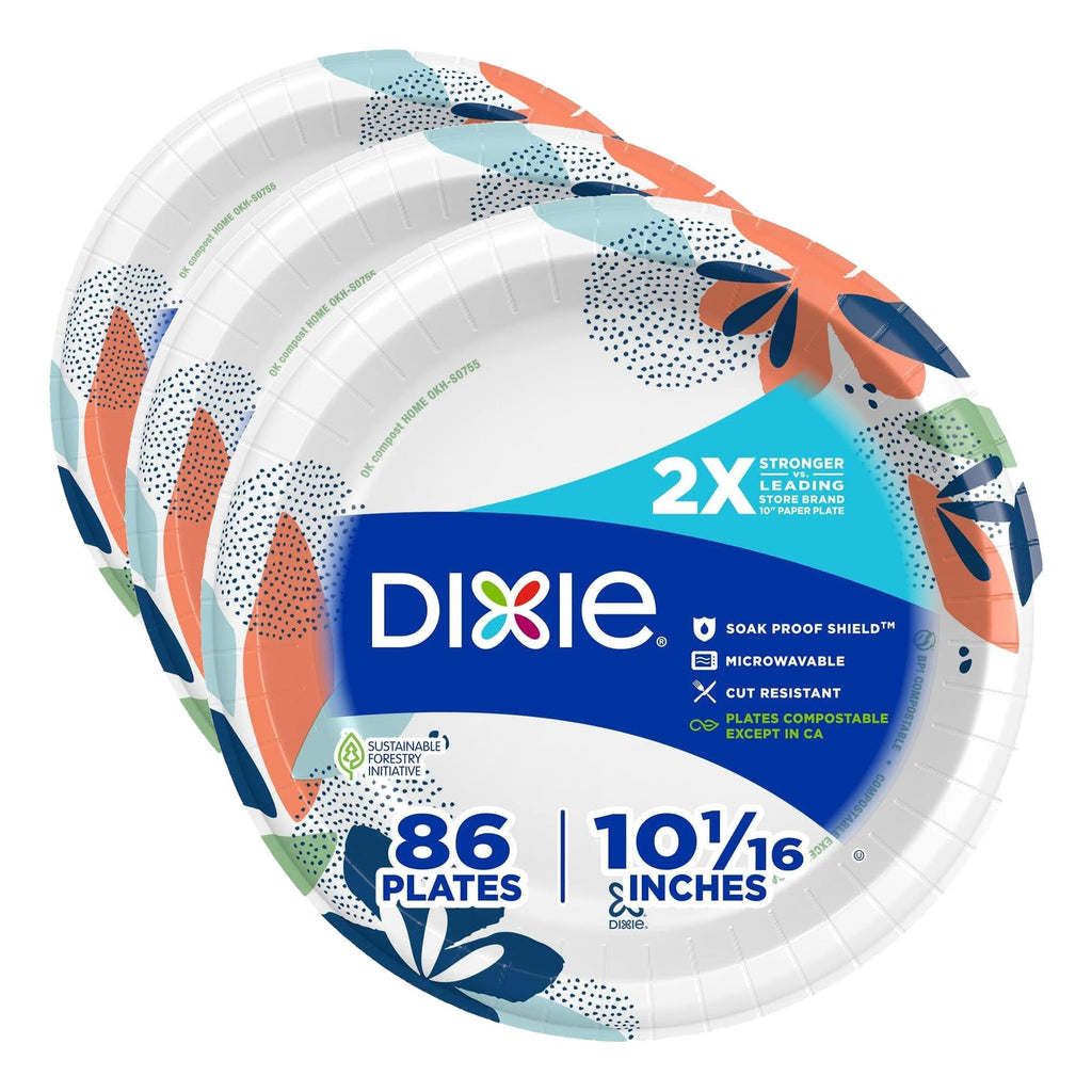 Dixie Large Paper Plates, 10 Inch, 54 Count, 2X Stronger*, Microwave-Safe, Soak-Proof, Cut Resistant, Disposable Plates For Everyday Breakfast