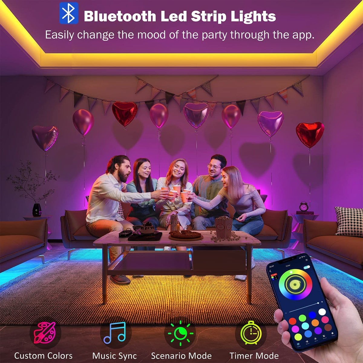 RGB Music-Sync LED Strip Lights with App & Remote Control