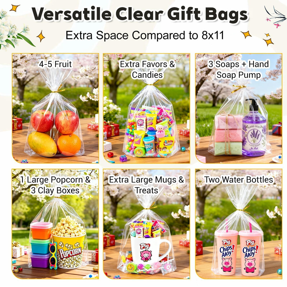 Clear Stand-Up Cellophane Gift Bags with Ties for Party Favors