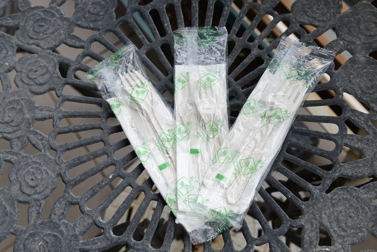 (750 Pack) Compostable Cutlery Kit Eco Friendly Fork, Spoon, Knife, Napkin 6.5 inch - CPLA Heat Resistant Disposable Utensil Kit Durable Cornstarch Bio Based Biodegradable Plastic Cutlery
